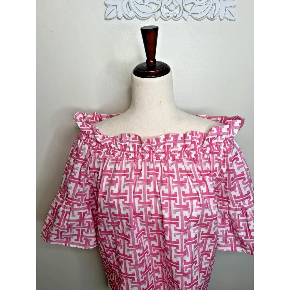 Brooke Wright USA Pink White Geometric Off Shoulder Cotton Peasant Crop Top S